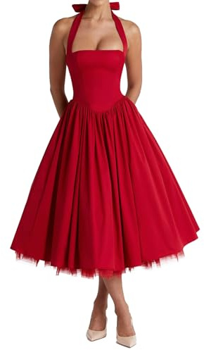 Women Halter Midi Dress Corset Back Layered Tulle Skirt A Line Formal Dresses Wedding Guest Bridal Shower (Red,M)