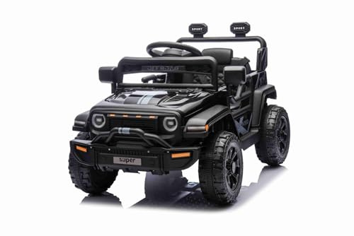 Voiture électrique pour Enfants Offroad New avec Traction arrière, Noir, Batterie Lithium, châssis Haut, siège Large, Suspension arrière, télécommande 2,4 GHz, Lecteur MP3 avec USB/AUX, lumières LED