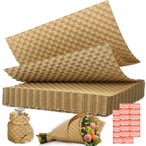 Paper Bubble Wrap Sheets for Packing 15 x 12” x 100 FT Bubble Wrap for Moving,Packing,Shipping, Recyclable Packing Paper for Glass,Dishes, Biodegradable Cushioning Wrap with 24 Fragile Stickers