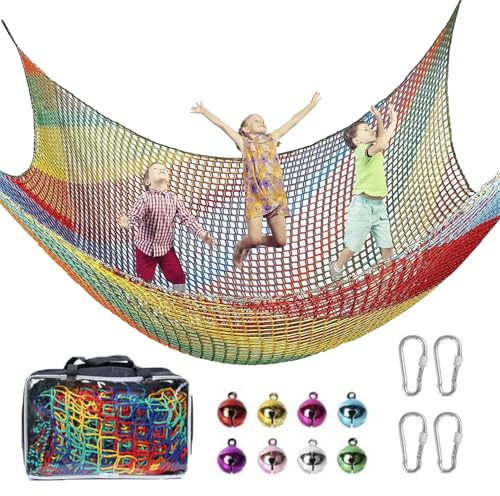 Rete Da Arrampicata Per Parco Giochi,3x3m Doppio Strato Rete Protezione Di Sicurezza Per Bambini,Adatto Per Uso Esterno e Interno,Include Una Borsa Portaoggetti,4 Ganci e 8 Campanelli(Arcobaleno)