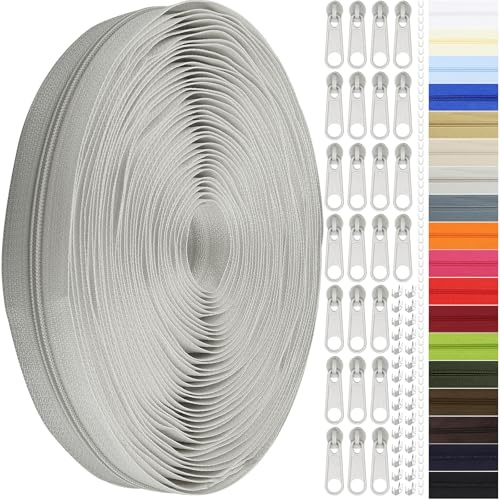 Fermeture éclair sans fin avec fermeture éclair - 3 mm - 11 m - En nylon - Vendu au mètre et 25 fermetures éclair en métal - Pour vêtements, sacs, trousses, linge de lit (gris, #3)