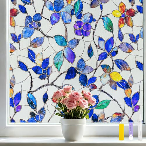 Countewol Colorful Leaf Static Cling Window Film Frosted Stained Glass Privacy Anti-Glare UV Protection for Home & Bathroom (Textured Stained Leaf, 17.5 x 78.7 in)