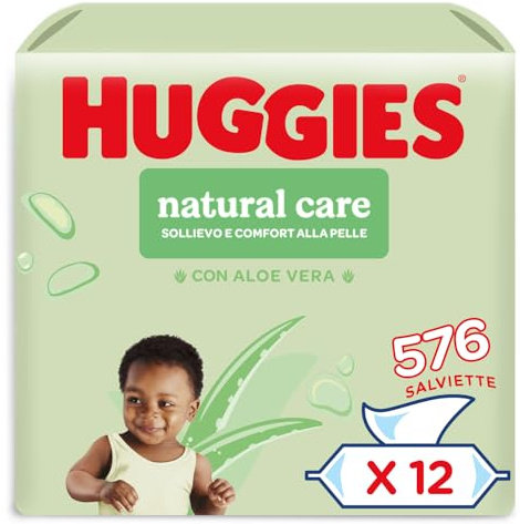 Huggies Natural Care, Salviette neonato, Dermatologicamente testate, con Aloe Vera, 70% fibre assorbenti naturali, 12 Pacchi da 48 Pezzi
