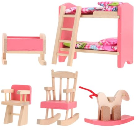 JOINPAYA 1:12 Scale Dollhouse Furniture Wood Bunk Bed Model Miniature Wood Bedroom Furniture Mini Dolls Crib Toy Dollhouse Accessories