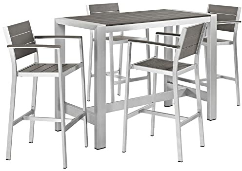 Modway Shore 5-Piece Aluminum Outdoor Patio Pub Bistro Set with Bar Stools in Silver Gray