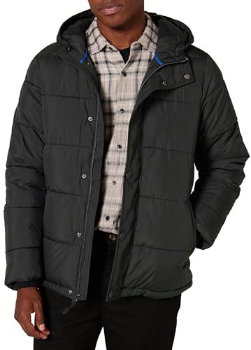 Amazon Essentials Abrigo Plumífero con Capucha de Alta Densidad Hombre, Negro, L