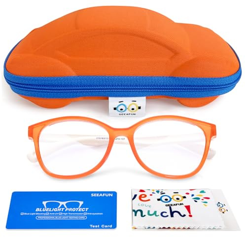 SEEAFUN Blue Light Glasses for Kids Girls Boys with Cute Car Case, UV400 Protection, Anti Blue Ray Age3-12 Computer Game Glasses (Orange&White)