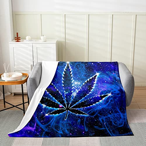Marijuana Weed Fleece Throw Blanket Blue Galaxy Flannel Blanket Cannabis Leaf Bed Blanket for Couch or Bed Beautiful Starry Sky Blanket Soft Warm Lightweight for Kids Adults Gift,Throw(50x60 Inches)