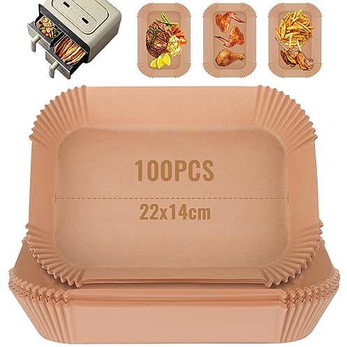 BEENNA Bakplåtspapper till Airfryer, 22×14 CM Bakpapper för Air Fryer, Non Stick, Olje och Vattentätt, Engångs Pergamentpapper för Ninja Air Fryer med Dubbla Zoner(100 Stycken)