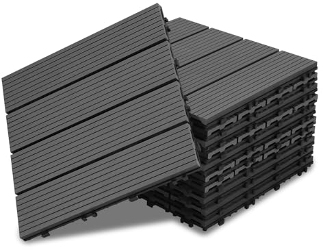 Ansobea WPC - Lot de 11 dalles de terrasse en bois - 30 x 30 cm - Pour 1 m² - Aspect bois - Revêtement de sol de balcon avec système à clic - Lames étanches pour balcon et terrasse (anthracite)