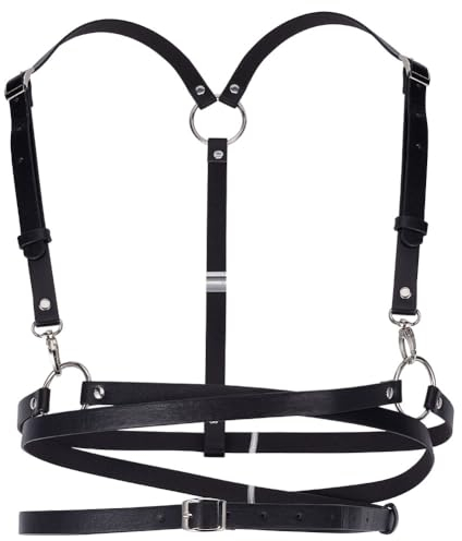 GORGECRAFT Damen Body Punk Taillengürtel Punk Schwarz Leder Brustgurt Gürtel Für Frauen Schwarzer PU-Ledergürtel Skinny Body Verstellbare Gürtel Mit Gothic-Kreis Für Partykleider-Accessoires