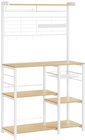 VASAGLE Küchenregal, Standregal, Regal, Kücheninsel mit Magnetleiste für Messer, Drahtkorb, Küchenrollenhalter, 12 Haken, goldeichenfarben-weiß KKS026Y09