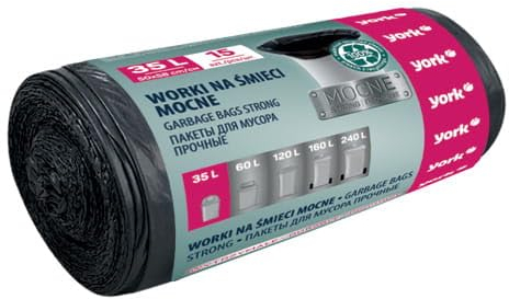 YORK Sacchi della spazzatura neri 35 l (1 rotolo da 15 pezzi) – Sacco della spazzatura 35 litri – Grandi sacchi della spazzatura – Sacchi per rifiuti robusti – Sacchetti per rifiuti da 35 l