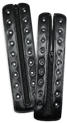 Soletec Fermeture éclair à lacets en cuir pour bottes à 9 œillets, compatible avec toutes les marques, cuir noir, œillets ronds noirs, fermeture éclair noire, 1 paire