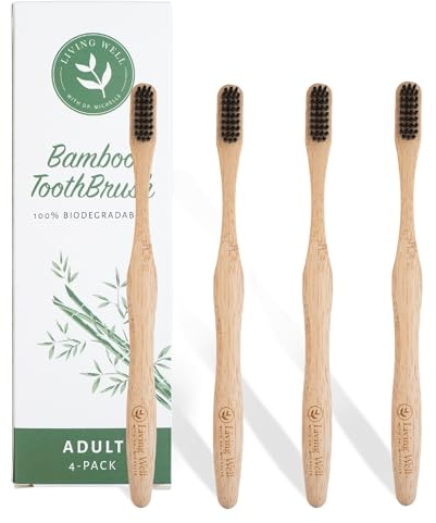 Living Well with Dr. Michelle Bamboo Toothbrushes (4 Pack) Eco-Friendly, Natural, BPA Free & Biodegradable, Infused with Charcoal, Wood Color Tooth Brushes for Adults