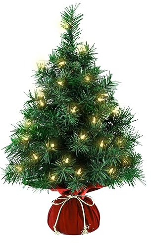Tabletop Mini Christmas Tree 22 Inch - Mini Artificial Christmas Tree with 35 Warm White Lights, 75 Branch Tips & Red Cloth Bag Base, Perfect DIY Christmas Decorations, Green