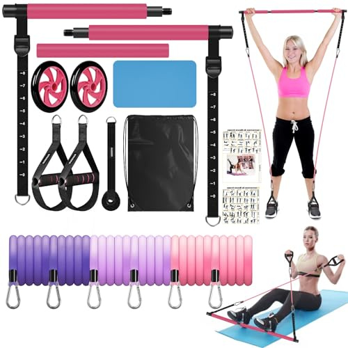 Pilates Bar Kit with Resistance Bands, OLODEER Pilates Reformer Exercise Bar with Ab Roller at Home Workout Equipment, Full Body Training Women & Men