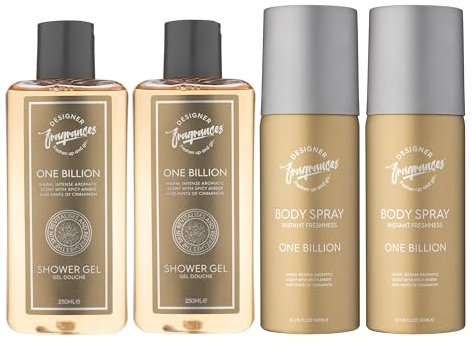 Designer Fragrances One Billion Men's Bundle - Each Package Includes 2 x 150ml Body Spray Deodorant Cans - 2 x 250ml Shower Gels - For Instant Freshness - Long Lasting Smell - Great Male Gift Sets