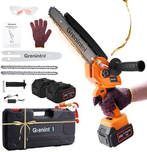 Grenintol Mini Tronçonneuse à Batterie, 8 pouces 1000W Petite Tronconneuse Thermique Coupe Branche Electrique Scie, 24V Electrique Tronçonneuse Sans Fil Pour Jardin, 2 Chaînes
