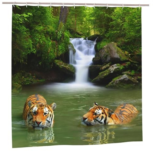 YUAOEUR 3D Garden Shower Curtain 60x72 Inch Tropical Waterfall Tigers Lake Jungle Forest Picture Outdoor Garden Green Trees Bathroom Personalized Decor Fabric with Hook