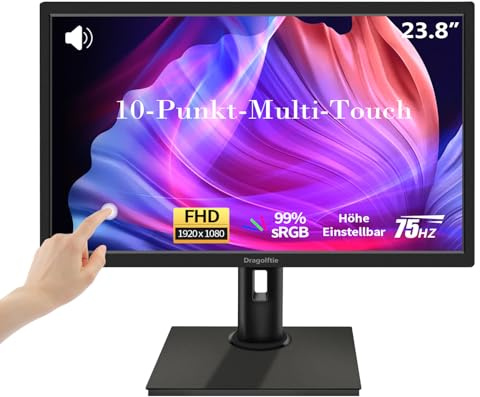 23,8 Zoll Touchscreen Monitor FHD 1920x1080P, Höhe/Drehung/Schwenk/Neigung einstellbar PC Touch Bildschirm mit Lautsprechern, HDMI, VGA, Typ-B, 75Hz Computer Touch Screen Monitor, VESA, Schwarz