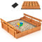 GYMAX Kids Wooden Sandbox, Square Children Sandpit with Lid & Non-woven Fabric, 2 Foldable Bench Seats, Outdoor Sand Pit for Backyard Garden (Natural, 126 × 118 × 42 cm)