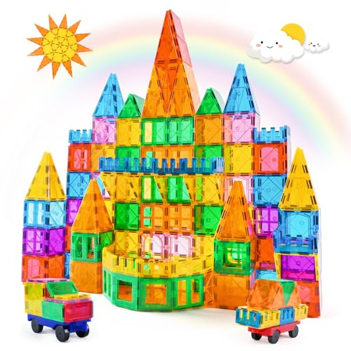 Katiago Construcciones Magneticas Niños, 100 Piezas Fuertes Bloques Magneticos Construccion para Niños de 3 4 5 6 años, Juego Imanes Niños con 2 Coches
