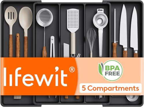 Lifewit Besteckkasten für Schubladen, Großer Utensilienständer Erweiterbar auf 69 cm, verstellbarer Kunststoff Organizer Küche Tiefe 47 cm, Besteckeinsatz für Messer/Gabel, Schwarz