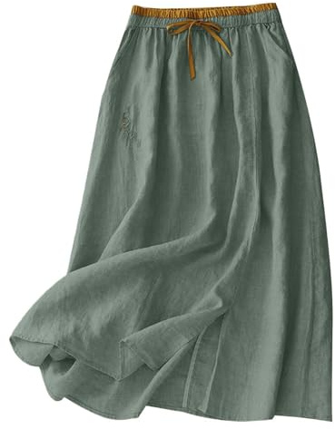 duxyoz Linen Skirts for Women UK Summer Elastic High Waist Loose A Lined Midi Skirt Cotton Linen Embroidery Elegant Casual Office Work Basic Party Dresses for Holiday Going Out