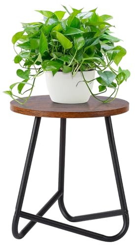 HDANI 35cm Rund Pflanzenständer,Blumenständer,Pflanzenregal aus Holz und Metall,Modernes Regal für Zimmerpflanzen für Wohnzimmer, Balkon und Büro,Schwarz Rustikales Braun