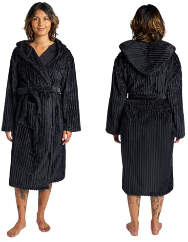 OHS Ribbed Fleece Dressing Gowns Womens Super Soft Warm Fleece Hooded Dressing Gown Full Length Comfortable Cosy Adults Bath Robe for Sleepwear Loungewear, Black