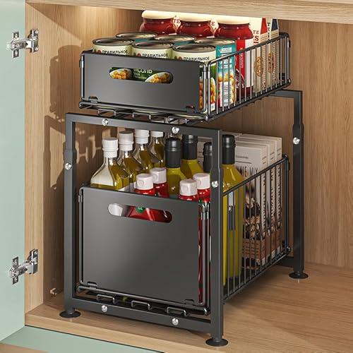 Organizador Cocina, Organizador Bajo Fregadero con Altura Ajustable 41-49 cm, Organizador de Cocina Extensible de 2 Niveles, Estante de Cocina, Encimera de Metal para Baño, Cocina (Doble Capa)