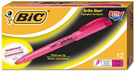 Bic Brite Liner Grip Fluorescent Highlighter, Chisel Tip, Pink, (12 Count, Pack of 1)