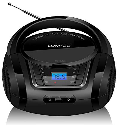 Reproductor de CD Portátil, LONPOO Bluetooth Lectores de CD Portátiles con Altavoz HiFi, Radio FM, Entrada USB, Entrada AUX y Conector para Auriculares