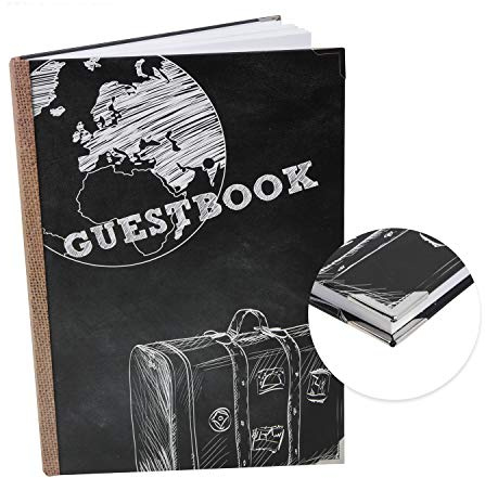 Logbuch-Verlag libro degli ospiti Guestbook vuoto nero bianco marrone formato A4 copertina rigida 164 pagine vuote con angoli metallici protezione lavagna gesso vintage hotel pensione