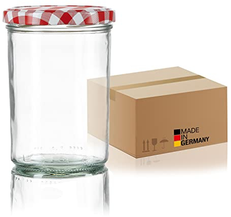 BigDean 12x Sturzgläser 435ml - Einmachgläser Einweckgläser Schraubgläser - Made in Germany - Marmeladengläser mit Schraub-Deckel TO 82 - Rot kariert