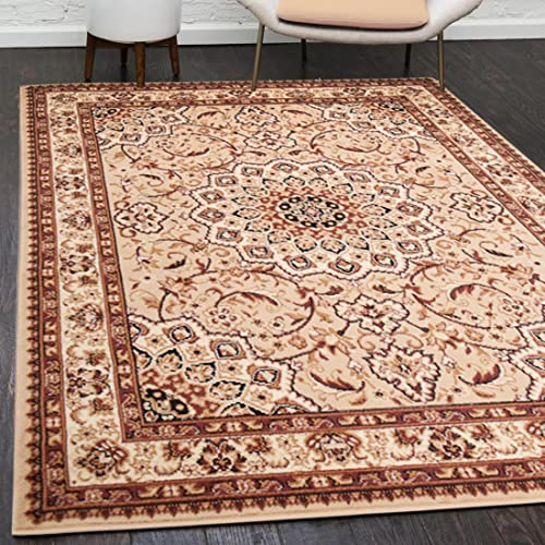 Mazovia Orientalisch Vintage Teppich - Kurzflor - Muster mit Medaillon - Traditioneller Teppich für Wohnzimmer, Esszimmer - ÖKO-TEX Wohnzimmerteppich - Beige 250 x 350 cm