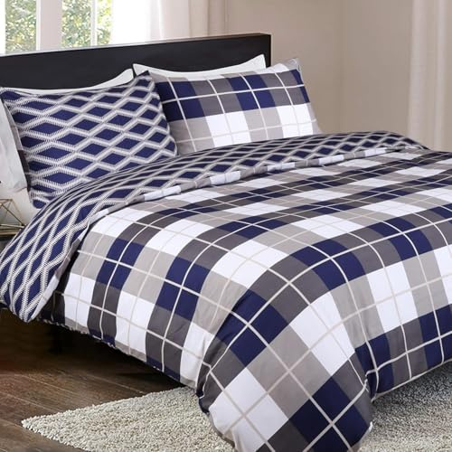 Imperial Rooms King Size Duvet Cover Set 230x220cm – 3 Piece Brushed Microfiber Bedding & Quilt Cover Set with 2 Pillowcases, Navy Check, Hypoallergenic, Breathable