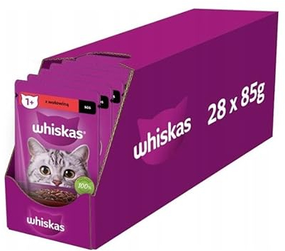 Whiskas Adult 1+ Katzenfutter mit Rind in Soße– Hochwertiges Nassfutter für ausgewachsene Katzen – 28 Beutel à 85g