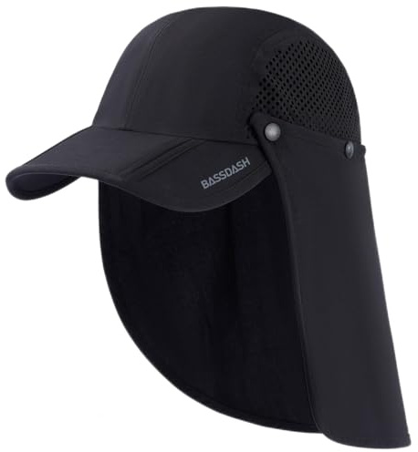 BASSDASH UPF 50+ vikbar fiskehatt baseballkeps med avtagbar nackflik bärbar för män kvinnor golf vandring, Svart med vikbar kant, one size
