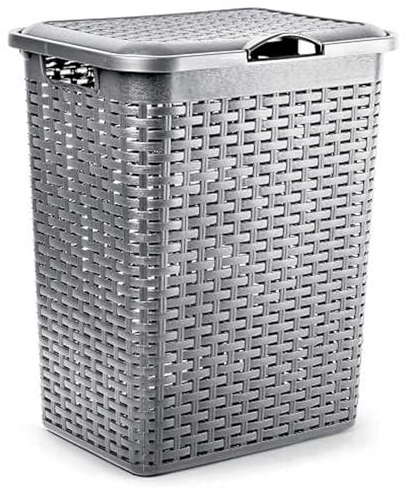 ACAN Tradineur - Cesto rattan para ropa sucia con tapa y asas, pongotodo de plástico, cubo para colada, imitación de mimbre, fabricado en España (Plata - 38 litros - 49 x 38,5 x 29,5 cm)