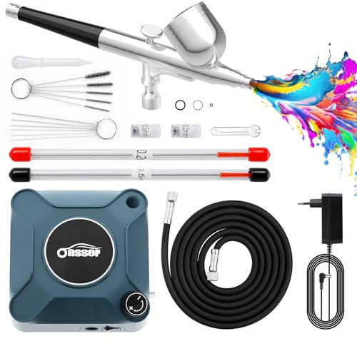 Oasser Airbrush Set 36 PSI mit Kompressor Double Action-Airbrush-Pistole und Zubehör für Modellbau Make-up Autolackierung Blau