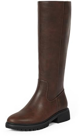 VIUGJNEX Knee High Boots for Women Round Toe Women's Fashion Tall Riding Boots Chunky Platform Long Flat Boot with Side Zipper Low Heel Block Fall Boot, Brown Pu, 6 UK
