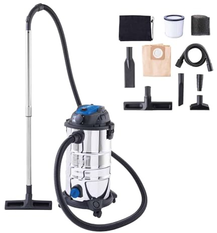 Scheppach Nass- / Trockensauger VC30 Premium | 30L Edelstahlbehälter & Zubehör | 1200W Leistung | 20kPa Saugleistung | Teleskoprohr, Werkzeugsteckdose sowie Schnellverschluss | 6m Kabel 3m Schlauch