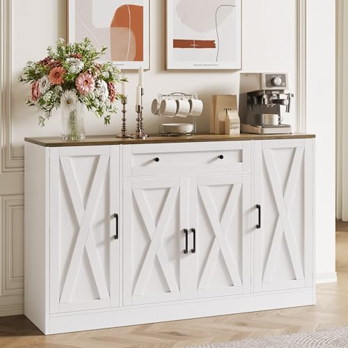 Buffet Cabinet with Storage, 55 Large Sideboard Storage Cabinet with Drawer, 4 Doors and Shelves, Modern Farmhouse Coffee Bar Table Kitchen Island Credenza for Kitchen, Entryway, Dining, Living Room