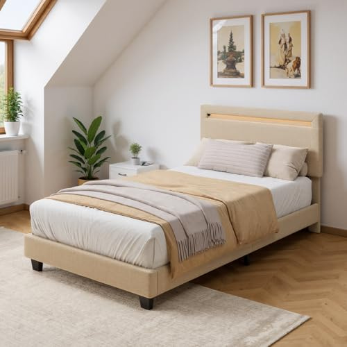 Blishom Letto singolo imbottito con luce LED, Letto a piattaforma imbottito, Struttura in ferro, Testiera imbottita, Bse robusta, Adatto per camere degli ospiti (Beige, 90x200cm)