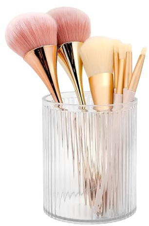 DASITON Makeup Brush Holder Organizer, Acrylic Makeup Brush Cup, Vintage Striped Make Up Brush Holder for Vanity, Bathroom Countertop, Toothbrush Holders, Pen Holder for Desk Storage (Clear)