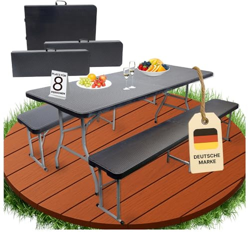novaterra® Bierzeltgarnitur 3-teilig Set Tisch & 2X Bank | Buffettisch für draußen Gartengarnitur klappbar 183x76x74cm Kunststoff Klapptisch Rattan-Look Gartentisch Inkl Abdeckung & Tragegriffe