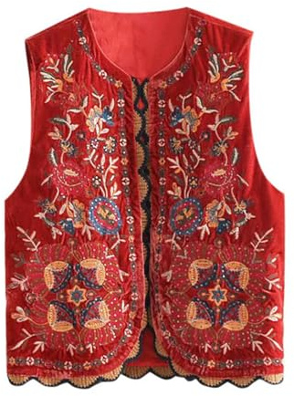 2026 Giacca di transizione Delle Donne Ricamate Fiori Gilet Senza Maniche Lino Camicia Aperta Camicetta Moda Uncinetto Cardigan Gilet Top, Colore: rosso, L