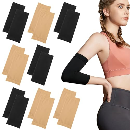 FAMCUCHE 16 Pezzi Manicotti Braccia, Antiscivolante Compressione Dimagrante Manicotto Braccio, Shaper Sport Fitness Fascia Braccio per Uomo, Donna, Yoga, Movimento (Colore Della Pelle, Nero)